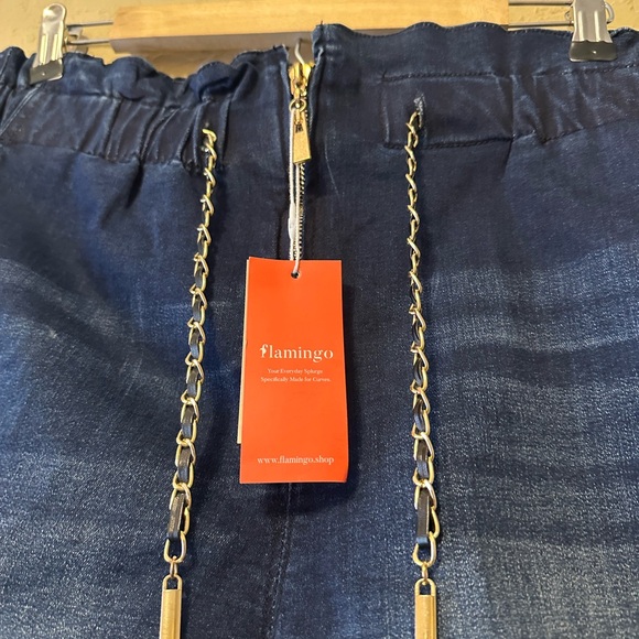 Flamingo  Dark Blue Jean Shorts with Golden Chain Drawstring - Picture 7 of 8